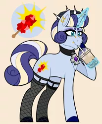 Size: 1566x1902 | Tagged: safe, artist:iesbeans, derpibooru import, oc, oc:hard rock candy, unofficial characters only, pony, unicorn, choker, cross, drink, drinking, female, fishnets, garter, image, magical lesbian spawn, mare, offspring, parent:bon bon, parent:lyra heartstrings, parents:lyrabon, png, simple background, solo, yellow background