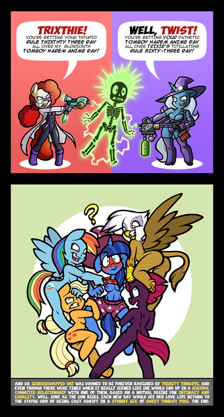 Size: 1384x2577 | Tagged: questionable, artist:toonbat, derpibooru import, applejack, fizzlepop berrytwist, gilda, rainbow dash, tempest shadow, trixie, twist, oc, oc:ink vat, anthro, blushing, boxers, breasts, catsuit, clothes, comic, embarrassed, evening gloves, female, gloves, goggles, heart underwear, image, lab coat, latex, latex suit, lesbian, long gloves, mad scientist, nipples, nondescript nipples, nudity, oc gets all the mares, patreon, patreon reward, png, rule 63, socks, tempest shadows, thigh highs, underwear