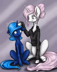 Size: 2525x3156 | Tagged: safe, artist:cvanilda, derpibooru import, oc, oc:magic star, oc:raven sailor, unofficial characters only, pony, unicorn, abstract background, clothes, duo, horn, image, jpeg, petting, signature, sitting, solo, unicorn oc