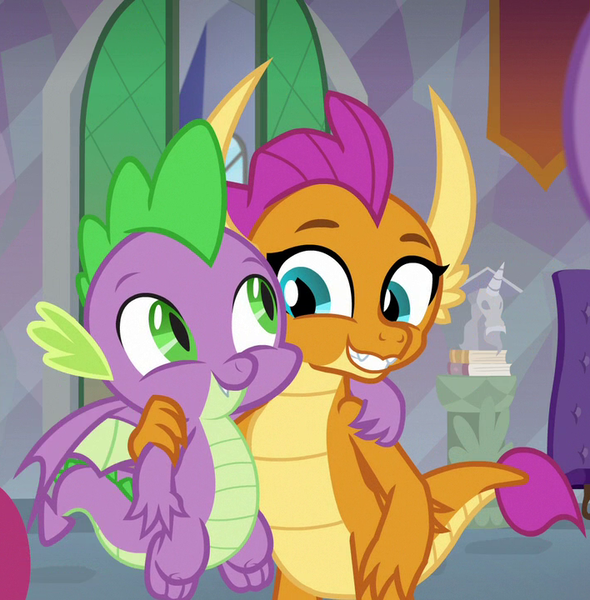 Size: 708x720 | Tagged: safe, derpibooru import, edit, edited screencap, screencap, smolder, spike, dragon, sweet and smoky, baby, baby dragon, buddies, claws, cropped, cute, dragoness, duo, fangs, female, flying, folded wings, friends, grin, image, looking to side, male, png, side hug, slit eyes, smiling, smolderbetes, spikabetes, spread wings, teacher's lounge, teenaged dragon, teenager, toes, wings