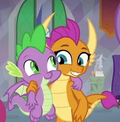 Size: 708x720 | Tagged: safe, derpibooru import, edit, edited screencap, screencap, smolder, spike, dragon, sweet and smoky, baby, baby dragon, buddies, claws, cropped, cute, dragoness, duo, fangs, female, flying, folded wings, friends, grin, image, looking to side, male, png, side hug, slit eyes, smiling, smolderbetes, spikabetes, spread wings, teacher's lounge, teenaged dragon, teenager, toes, wings