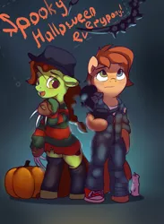 Size: 1095x1500 | Tagged: safe, artist:drafthoof, derpibooru import, oc, oc:oil drop, oc:rusty gears, alien, clothes, cosplay, costume, halloween, holiday, image, jpeg, missing shoes, overalls, sweater