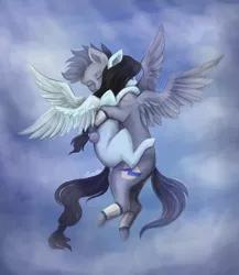 Size: 2480x2857 | Tagged: safe, artist:cvanilda, derpibooru import, oc, oc:blue thunder, oc:sky secret, unofficial characters only, pony, eyes closed, female, flying, hug, image, jpeg, male, mare, oc x oc, shipping, stallion