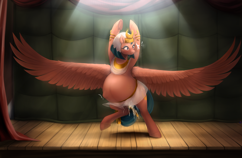 Size: 3507x2295 | Tagged: questionable, alternate version, artist:nsfwbonbon, derpibooru import, somnambula, pegasus, pony, amniotic fluid, belly, belly dancer, commission, dancing, female, image, labor, png, pregnant, solo, solo female, stage, sweat, waterbreak