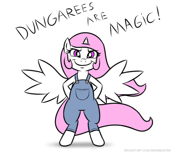 Size: 581x517 | Tagged: safe, artist:banebuster, derpibooru import, princess celestia, alicorn, pony, semi-anthro, series:tiny tia, clothes, cute, cutelestia, dungarees, evil grin, evil smirk, female, grin, image, jpeg, looking at you, overalls, pink-mane celestia, simple background, smiling, smuglestia, solo, white background