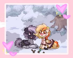 Size: 373x295 | Tagged: safe, artist:einkawans, derpibooru import, oc, unofficial characters only, pegasus, pony, pony town, clothes, dress, duo, heart, image, lying down, outdoors, pegasus oc, pixel art, png, prone, scarf, snow, tree, tree stump, wings