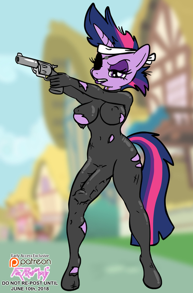 Size: 1979x3000 | Tagged: questionable, artist:foxpawmcfly, derpibooru import, twilight sparkle, anthro, unguligrade anthro, unicorn, ambiguous gender, breasts, bulging, clothes, costume, crotch bulge, disguise, eyepatch, futa, future twilight, gun, handgun, image, impersonating, injured, intersex, jpeg, latex, latex suit, mask, ponysuit, ponyville, questionable source, revolver, solo, torn clothes, weapon, zipper