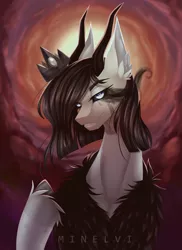 Size: 1821x2500 | Tagged: safe, artist:minelvi, derpibooru import, oc, unofficial characters only, bicorn, pony, bust, ear fluff, horn, horns, image, multiple horns, outdoors, png, signature, solo, sombra eyes, unshorn fetlocks