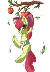 Size: 3541x5016 | Tagged: suggestive, artist:db, derpibooru import, apple bloom, earth pony, pony, apple, diaper, food, hanging, image, png, solo, tongue out, underhoof