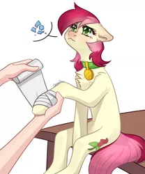 Size: 2500x3000 | Tagged: safe, artist:chibadeer, derpibooru import, roseluck, human, pony, bandage, behaving like a cat, broken vase, collar, commissioner:doom9454, crying, cute, fluffy, hand, image, pet tag, png, pony pet, rosepet, sad, sadorable, sitting