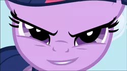 Size: 720x406 | Tagged: safe, derpibooru import, edit, edited screencap, screencap, twilight sparkle, pony, unicorn, applebuck season, badass, bring it on, close-up, cropped, female, happy, image, inverted mouth, jpeg, narrowed eyes, smiling, smiling at you, solo, unicorn twilight