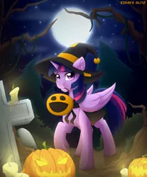 Size: 2160x2610 | Tagged: safe, artist:strafe blitz, banned from derpibooru, deleted from derpibooru, derpibooru import, twilight sparkle, twilight sparkle (alicorn), alicorn, pony, unicorn, candle, cape, clothes, costume, ear fluff, female, forest, full moon, gravestone, halloween, halloween costume, hat, high res, holiday, image, jack-o-lantern, moon, mouth hold, nightmare night, png, pumpkin, pumpkin bucket, sky, solo, tombstones, tree, tree branch, witch, witch hat