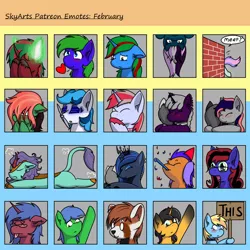 Size: 1500x1500 | Tagged: safe, artist:skydreams, derpibooru import, oc, oc:ambrosia firehoof, oc:aqua grass, oc:blissy, oc:cade quantum, oc:cinnamon lightning, oc:dioxin, oc:galaxy rose, oc:lady foxtrot, oc:mint chaser, oc:queen lahmia, oc:scaramouche, oc:searing cold, oc:skitzy, oc:skydreams, oc:sparky showers, oc:staticspark, oc:tail winds, oc:undine, oc:wander bliss, alicorn, bat pony, bat pony alicorn, changeling, changeling queen, earth pony, kirin, original species, pegasus, plane pony, pony, red panda, unicorn, bat wings, blue screen of death, blushing, brick wall, collar, confetti, disguise, disguised changeling, ear piercing, emoji, emotes, excited, female, fire, flump, giggling, glasses, green fire, hanging, hanging upside down, hat, heart, hiding, hiding behind mane, horn, horn piercing, hug, image, looking up, male, mare, owo, party hat, patreon, patreon reward, piercing, plane, png, pointing, sad, sign, stallion, starry eyes, submissive, tired, tongue out, upside down, wingding eyes, wings, x eyes