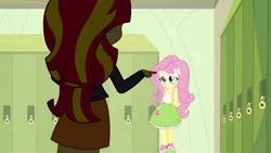 Size: 1152x648 | Tagged: suggestive, artist:wolf, derpibooru import, edit, edited screencap, screencap, fluttershy, sunset shimmer, equestria girls, equestria girls (movie), blushing, bully, bullying, embarrassed, fear wetting, fetish, humiliation, image, intimidating, pee edit, peeing in the dress, pissing, png, scared, teary eyes, this will end in diapers, urine, watersports, wetting