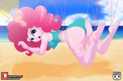 Size: 2730x1800 | Tagged: suggestive, artist:minusclass, derpibooru import, pinkie pie, equestria girls, :o, ass, balloonbutt, barefoot, beach, beach babe, bikini, bikini babe, blue swimsuit, bondage, breasts, busty pinkie pie, butt, cameltoe, clothes, cloud, erect nipples, feet, feet tied, female, image, jpeg, lens flare, looking at you, magic abuse, nipple outline, ocean, open mouth, patreon, patreon logo, remake, sand, sideboob, sky, solo, solo female, strings, summer, suspended, swimsuit, tied up, two piece swimsuit, water, wires