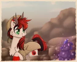 Size: 2500x2000 | Tagged: safe, artist:dreamy, artist:littledreamycat, derpibooru import, oc, oc:moondust, unofficial characters only, deer, deer pony, original species, archaeology, clothes, commission, hat, image, jacket, mountain, png, scenery, solo, statue