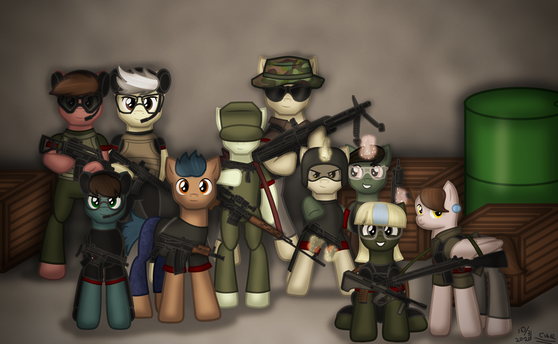 Size: 1622x999 | Tagged: safe, artist:99999999000, derpibooru import, oc, earth pony, pegasus, pony, unicorn, comic:airsoft, airsoft, ak-47, aks-74u, ar15, assault rifle, aug, female, g36c, glasses, gun, headset, image, m14, m60, male, png, rifle, submachinegun, weapon