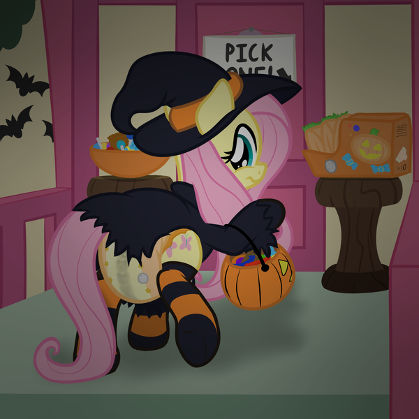 Size: 2000x2000 | Tagged: questionable, artist:nitei, derpibooru import, fluttershy, pegasus, pony, butt, candy, candy bowl, clothes, costume, decoration, diaper, diaper fetish, diaper package, fetish, food, halloween, halloween costume, hat, holiday, image, looking back, nightmare night, nightmare night costume, non-baby in diaper, plot, png, poofy diaper, raised leg, show accurate, show accurate porn, sign, skirt, socks, solo, striped socks, trick or treat, upskirt, urine, wet diaper, wetness indicator, witch, witch costume, witch hat