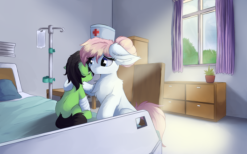 Size: 8000x5000 | Tagged: safe, artist:lunar froxy, derpibooru import, nurse redheart, oc, oc:anonfilly, earth pony, pony, unicorn, fanfic:trust once lost, bed, broken leg, cast, comforting, cover art, cute, fanfic art, female, filly, hat, hospital, hospital bed, hurt/comfort, image, injured, mare, missing cutie mark, nurse, nurse hat, panic, panic attack, panicking, pillow, png, scared, self insert