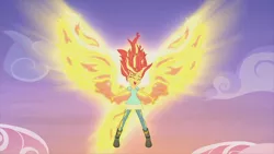 Size: 1920x1080 | Tagged: safe, derpibooru import, screencap, sunset shimmer, equestria girls, my past is not today, rainbow rocks, female, fiery shimmer, fiery wings, fire hair, floating, happy, image, mane of fire, png, singing, smiling, solo, sunset phoenix, wings