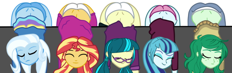 Size: 3240x1020 | Tagged: suggestive, artist:gmaplay, derpibooru import, juniper montage, sonata dusk, sunset shimmer, trixie, wallflower blush, equestria girls, equestria girls series, spoiler:eqg series (season 2), spoiler:eqg specials, agent aika, aika, aika zero, ass, ass up, bunset shimmer, butt, eyes closed, face down ass up, image, junibum montage, png, reference, simple background, sonata donk, the ass was fat, the great and powerful ass, transparent background, wallflower butt
