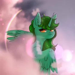 Size: 1080x1080 | Tagged: safe, artist:nel_liddell, derpibooru import, oc, unofficial characters only, alicorn, pony, alicorn oc, bust, cloud, ear fluff, eyelashes, horn, image, jpeg, looking back, solo, wings