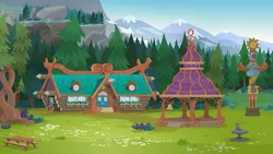 Size: 791x445 | Tagged: safe, derpibooru import, equestria girls, legend of everfree, background, bell, building, camp everfree, forest, forest background, gazebo, image, intertwined trees, mountain, mountain range, no pony, picnic table, png, scenery, sundial, table, totem pole, tree