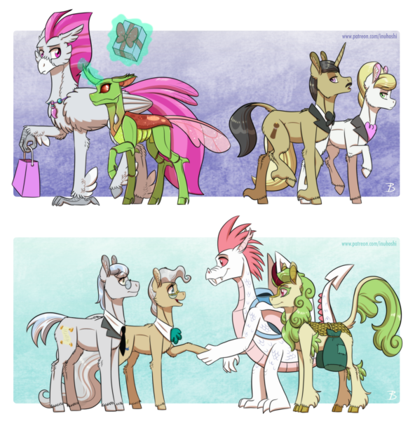 Size: 1874x1900 | Tagged: safe, artist:inuhoshi-to-darkpen, derpibooru import, arista, dainty dove, dane tee dove, fizzle, justah bill, mayor mare, pristine, spring glow, tall order, changeling, classical hippogriff, dragon, hippogriff, kirin, pony, flush typhoon, image, magic, png