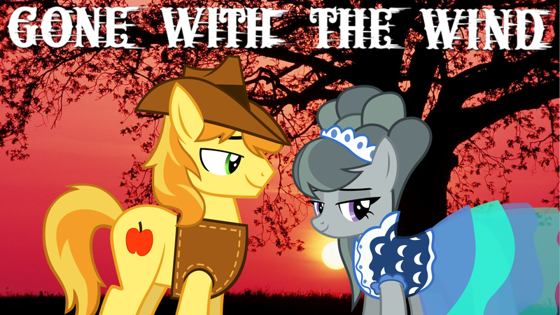 Size: 2064x1161 | Tagged: safe, anonymous artist, derpibooru import, braeburn, marble pie, braeble, clothes, cowboy, cowboy hat, cowboy vest, dress, female, gone with the wind, hat, image, male, movie reference, png, romantic, shipping, southern belle, straight, sunset, tree, youtube link