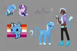 Size: 2676x1803 | Tagged: safe, artist:courtpoiuy, derpibooru import, starlight glimmer, trixie, human, dark skin, female, headcanon, humanized, image, jpeg, leonine tail, lesbian, lesbian pride flag, pride, pride flag, shipping, startrix, tailed humanization