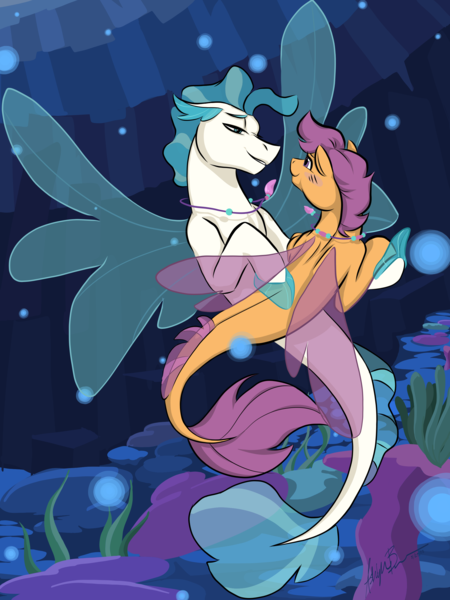 Size: 2048x2732 | Tagged: safe, artist:pitterpaint, derpibooru import, scootaloo, terramar, pegasus, pony, seapony (g4), blue eyes, blushing, bubble, clothes, coral, crepuscular rays, dorsal fin, female, fin wings, fins, fish tail, flowing tail, image, jewelry, lidded eyes, looking at each other, male, necklace, png, purple eyes, seaponified, seapony scootaloo, seaquestria, seaweed, see-through, shipping, signature, smiling, solo, species swap, straight, swimming, tail, terraloo, underwater, water, wings