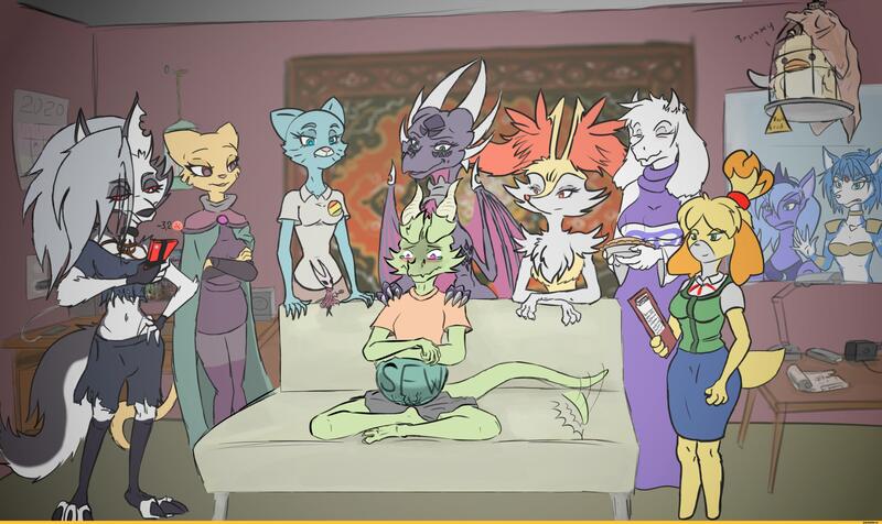 Size: 3805x2266 | Tagged: safe, artist:killdark, derpibooru import, princess luna, alicorn, anthro, bird, cat, delphox, digitigrade anthro, dog, dragon, goat, lizard, pony, wolf, anthro with ponies, barely pony related, blushing, cage, clipboard, clothes, couch, crossed legs, crossover, cynder, dragoness, elder scrolls, female, fingerless gloves, gloves, gumball watterson, helluva boss, image, indoors, isabelle, jewelry, jpeg, katia managan, krystal, loona (helluva boss), mare, mobile phone, peytral, phone, piper perri surrounded, pokémon, pregnant, prequel (webcomic), s1 luna, shorts, sitting, smartphone, star fox, tail, the amazing world of gumball, the legend of spyro, tiara, toriel, undertale, wings