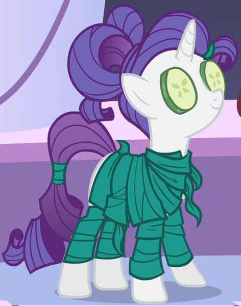 Size: 948x1205 | Tagged: safe, derpibooru import, screencap, rarity, pony, unicorn, green isn't your color, clothes, cropped, cucumber, female, food, hair up, image, mare, png, ponytail, ponyville spa, robe, seaweed wrap, solo, spa