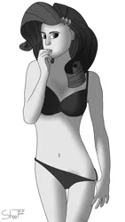 Size: 1080x1920 | Tagged: suggestive, artist:shooting star, derpibooru import, rarity, equestria girls, black and white, black underwear, bra, breasts, clothes, female, grayscale, image, lingerie, monochrome, panties, pinup, png, solo, solo female, underwear