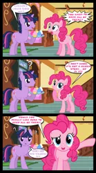 Size: 1280x2300 | Tagged: safe, artist:bigsnusnu, derpibooru import, pinkie pie, twilight sparkle, earth pony, pony, unicorn, comic:dusk shine in pursuit of happiness, 4th wall break, breaking the fourth wall, cupcake, dusk shine, food, fourth wall, half r63 shipping, image, implied harem, png, rule 63, shipping