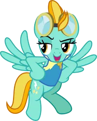 Size: 3000x3731 | Tagged: safe, artist:cloudyglow, derpibooru import, lightning dust, pegasus, pony, wonderbolts academy, .ai available, absurd resolution, clothes, female, flying, goggles, hoof on hip, image, lead pony badge, lidded eyes, mare, open mouth, png, simple background, solo, transparent background, uniform, vector, wonderbolt trainee uniform