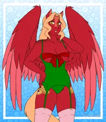 Size: 3400x3900 | Tagged: suggestive, artist:hasana-chan, derpibooru import, oc, oc:sugar buns, unofficial characters only, anthro, pegasus, pony, unguligrade anthro, anthro oc, bow, breasts, christmas, commission, digital art, female, gift art, hearth's warming eve, holiday, image, mare, milf, pegasus oc, png, ribbon, solo, solo female, wings