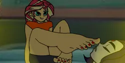 Size: 1200x603 | Tagged: suggestive, artist:thatradhedgehog, derpibooru import, sunset shimmer, equestria girls, feet, fetish, foot fetish, foot worship, image, jpeg, raven (teen titans)