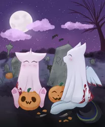 Size: 2110x2545 | Tagged: safe, artist:nekoshanka, derpibooru import, oc, oc:blinking cursor, oc:lukshana, ghost, ghost pony, pegasus, pony, undead, unicorn, bedsheet ghost, carving, cemetery, clothes, costume, couple, cute, date, date night, gravestone, graveyard, halloween, halloween costume, holiday, illustration, image, moon, night, png, pumpkin, spooky