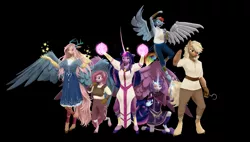 Size: 10600x6000 | Tagged: safe, artist:imafutureguitarhero, artist:penrosa, derpibooru import, applejack, fluttershy, pinkie pie, rainbow dash, rarity, twilight sparkle, twilight sparkle (alicorn), alicorn, anthro, butterfly, classical unicorn, draconequus, earth pony, insect, pegasus, pony, unguligrade anthro, unicorn, fanfic:my little pony: the unexpected future, the cutie re-mark, 3d, absurd resolution, alternate timeline, amputee, apocalypse dash, arm fluff, armor, artificial wings, augmented, belt, black background, choker, claw marks, clothes, cloven hooves, colored eyebrows, commission, crown, crystal war timeline, curved horn, detailed hair, draconequified, dress, ear fluff, element of harmony, eye scar, fangs, female, film grain, fluffy, fluffy hair, fluffy mane, fluffy tail, flutterequus, flying, freckles, fur, glow, glowing horn, group, group shot, horn, image, impossibly large horn, jewelry, jpeg, large horn, large wings, leg fluff, leg wraps, leonine tail, long hair, long horn, long mane, long tail, looking at you, magic, magic aura, magic glow, mane six, mare, missing eye, missing hand, missing limb, missing wing, multicolored hair, multicolored mane, multicolored tail, nail polish, pants, prosthetic limb, prosthetic wing, prosthetics, raised arm, raised leg, recursive fanart, red eyes, regalia, revamped anthros, revamped ponies, robe, scar, shawl, shirt, signature, simple background, sleeveless, sleeveless shirt, slit pupils, smiling, smug, source filmmaker, sparkly hair, sparkly mane, sparkly tail, species swap, standing, standing on one leg, stump, tunic, unshorn fetlocks, wall of tags, wings, wrench