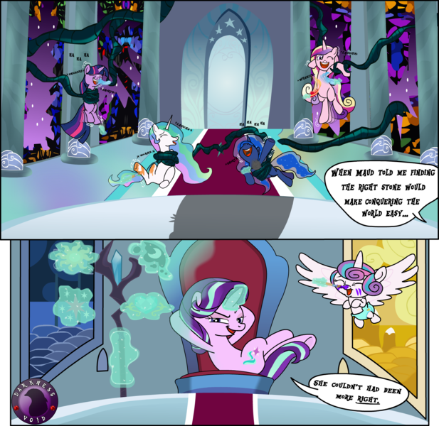 Size: 1563x1520 | Tagged: safe, artist:darktailsko, derpibooru import, princess cadance, princess celestia, princess flurry heart, princess luna, starlight glimmer, twilight sparkle, twilight sparkle (alicorn), alicorn, pony, unicorn, rock solid friendship, canterlot castle, commission, digital art, eyes closed, fanart, image, laughing, levitation, magic, one eye closed, open mouth, paintbrush, png, princess starlight glimmer, staff, staff of sacanas, stained glass window, telekinesis, tentacles, throne, throne room, tickling, usurpation, vine