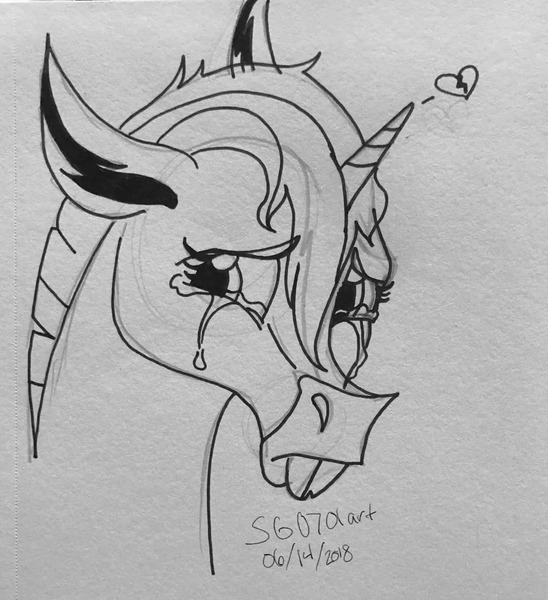 Size: 1080x1183 | Tagged: safe, artist:stargazerseven, derpibooru import, oc, unofficial characters only, pony, unicorn, bust, crying, heartbreak, horn, image, jpeg, lineart, monochrome, signature, solo, traditional art, unicorn oc