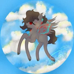 Size: 711x711 | Tagged: safe, artist:nel_liddell, derpibooru import, oc, unofficial characters only, pegasus, pony, chest fluff, cloud, flying, image, jpeg, pegasus oc, signature, solo, wings