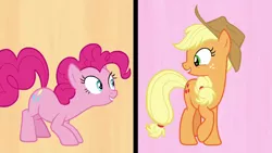 Size: 1280x720 | Tagged: safe, derpibooru import, screencap, applejack, pinkie pie, earth pony, pony, fame and misfortune, duo, female, flawless, image, looking at each other, mare, png