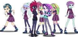 Size: 3172x1525 | Tagged: safe, artist:cybersquirrel, artist:rodan00, artist:xebck, derpibooru import, edit, fizzlepop berrytwist, indigo zap, lemon zest, sour sweet, starlight glimmer, sugarcoat, sunny flare, tempest shadow, equestria girls, friendship games, mirror magic, my little pony: the movie, spoiler:eqg specials, amputee, beanie, beanie hat, clothes, crossed arms, crystal prep academy, crystal prep academy uniform, crystal prep shadowbolts, equestria girls-ified, eye scar, female, glasses, goggles, hat, image, legs, looking at you, missing limb, pants, png, ripped pants, scar, school uniform, shadow five, shadow seven, simple background, smiling, stump, torn clothes, transparent background, vector, watch, wristwatch