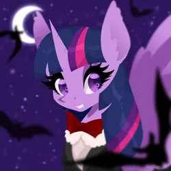 Size: 3000x3000 | Tagged: safe, artist:timser_, artist:timserart, artist:timserr, derpibooru import, twilight sparkle, twilight sparkle (alicorn), alicorn, pony, bats!, bowtie, female, image, looking at you, moon, night, png, solo, stars