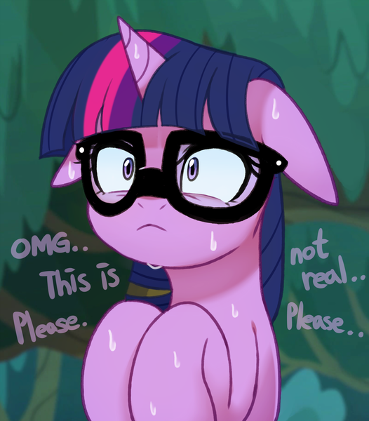 Size: 3000x3423 | Tagged: safe, artist:maren, derpibooru import, sci-twi, twilight sparkle, ponified, pony, unicorn, equestria girls, equestria girls series, spring breakdown, spoiler:eqg series (season 2), :<, adorable distress, bust, cute, equestria girls ponified, female, floppy ears, frown, glasses, high res, image, mare, panic, png, scene interpretation, solo, sweat, text, twiabetes, twilighting, unicorn sci-twi, wide eyes