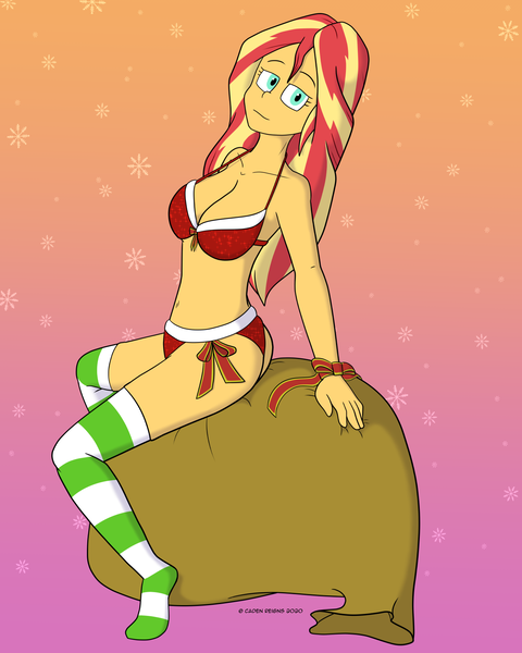 Size: 1280x1600 | Tagged: suggestive, alternate version, artist:cadenreigns, derpibooru import, sunset shimmer, human, equestria girls, bikini, breasts, clothes, image, lingerie, png, ribbon, santa sack, socks, stocking feet, stockings, striped socks, swimsuit, thigh highs