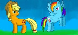 Size: 1051x475 | Tagged: safe, artist:maverickmam, derpibooru import, applejack, rainbow dash, earth pony, pegasus, pony, duo, female, flying, hat, image, looking at each other, looking back, mare, png, rearing