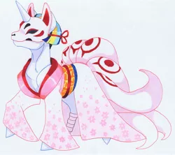 Size: 3345x2965 | Tagged: safe, artist:frozensoulpony, derpibooru import, oc, oc:astral allegory, pony, clothes, costume, image, japanese, jpeg, kimono (clothing), moon runes, nightmare night costume, offspring, parent:comet tail, parent:twilight sparkle, parents:cometlight, solo, traditional art
